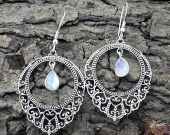 Natural Rainbow Moonstone Earring,925 Sterling Silver Drop Dangle Earring,Handmade Jewelry,Gift For Her,gemstone earrings