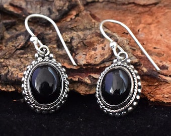 Natürlicher schwarzer Onyx Edelstein Ohrringe, schwarze Tropfen & Baumeln Ohrringe, 925 Sterling Silber Ohrringe, Geburtstagsgeschenk für sie, Boho Schmuck