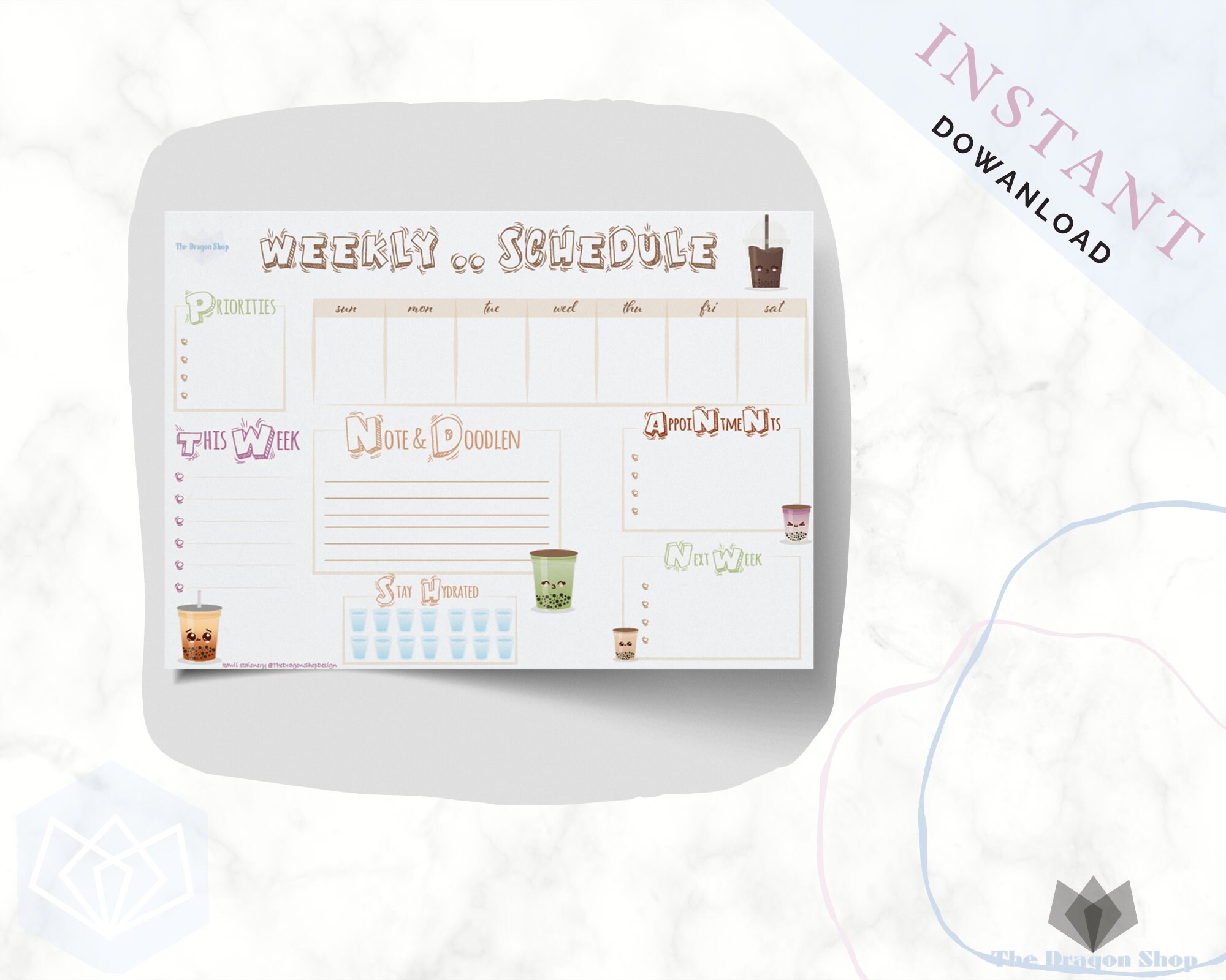 Bubble tea Weekly Planner Printable cute kawaii Weekly Etsy