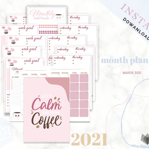 Coffee Planner 2021 Printable| March 2021 planner| cute planner2021| month planner