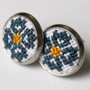 Blue Floral Embroidered Stud Earrings, Micro Cross Stitch Flower Posts, Stainless Steel Jewelry