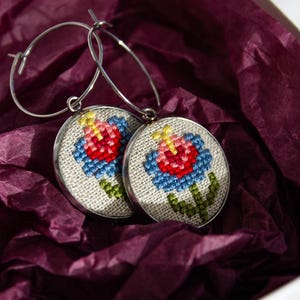 Embroidered textile earrings, hand cross stitch embroidery, floral jewelry, unique gift for girlfriend, natural linen, embroidered flower