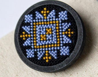 Handmade Wooden Brooch | Micro Cross-Stitch Embroidered Ukrainian Folk Jewelry