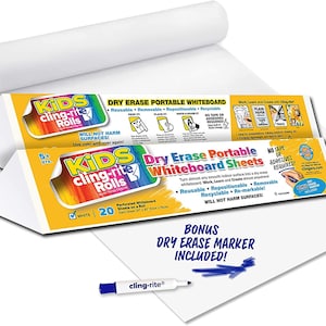 May include: A roll of white dry erase whiteboard sheets with a yellow and blue box. The box says "Kids Cling-Rite Rolls" and "Dry Erase Portable Whiteboard Sheets". The box also says "No Tape or Adhesives Required!" and "Bonus Dry Erase Marker Included!" A blue dry erase marker is included.