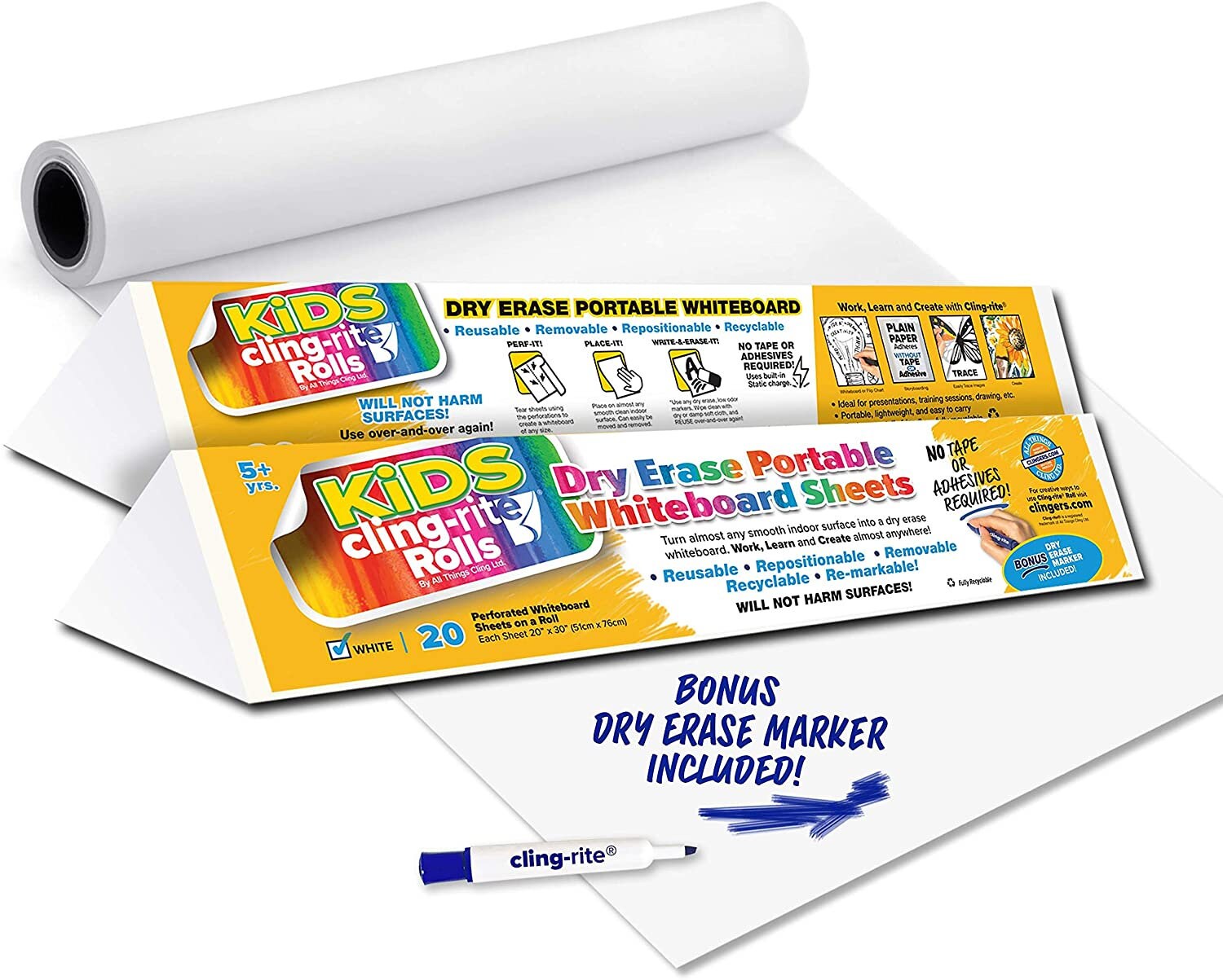 Dry Erase Kids Cling-rite Rolls, Portable Whiteboard, 50' Roll 20 Sheets,  Sheet Size 20x30 for School, Arts & Crafts With Dry Erase Marker 