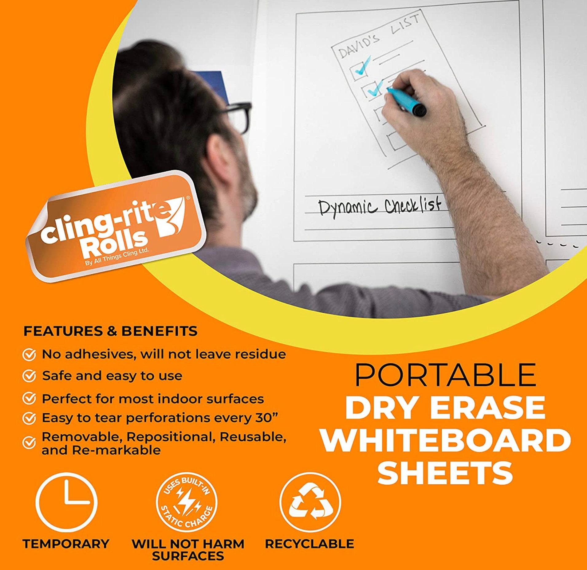 Clingers Trocken Abwischbare Haftfolien 50x76 Cm – 20 Blätter, Transparent, Für Whiteboard, Schule & Büro