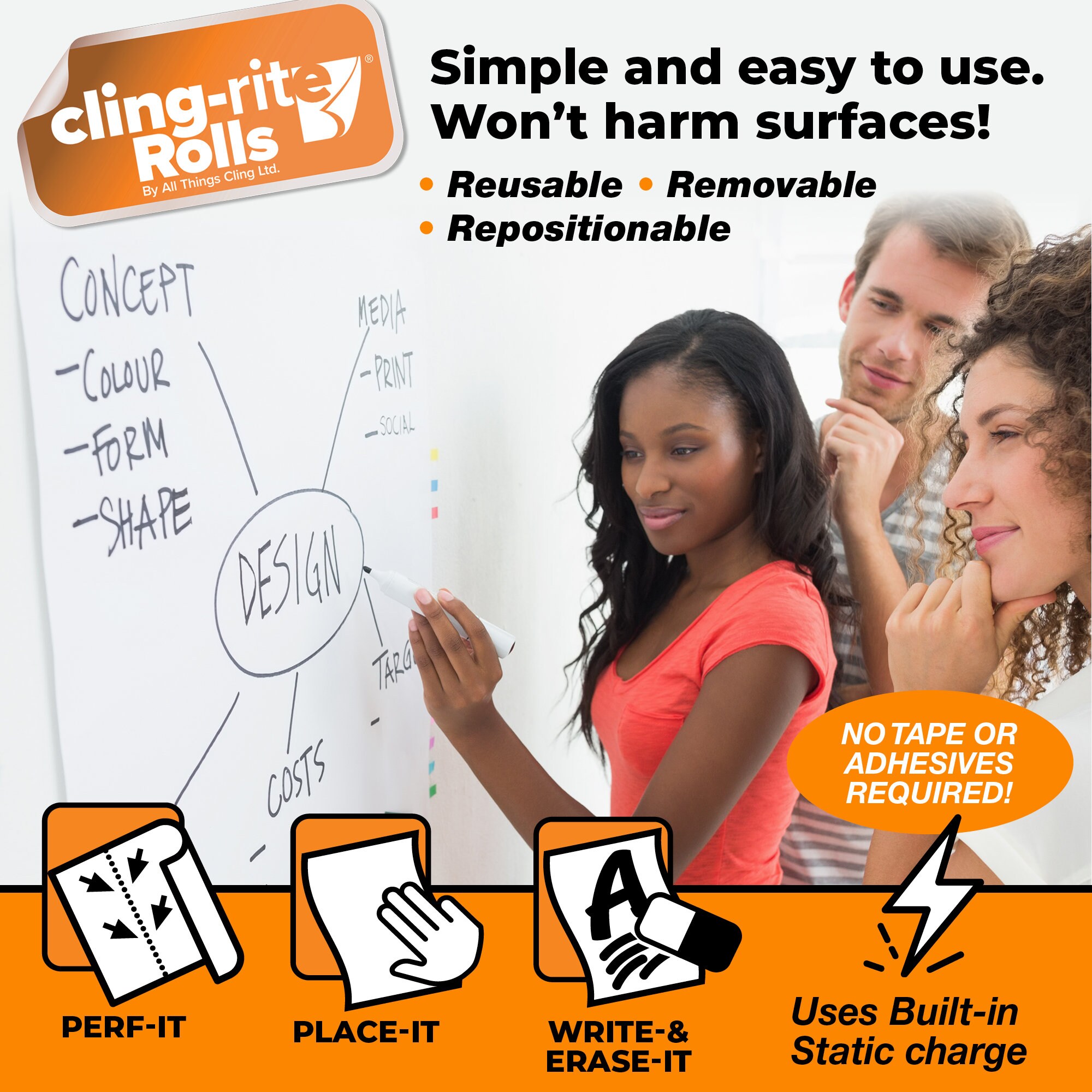 Clingers Dry Erase Clingrite Rolls, Recyclable Whiteboard, 100' Roll, Sheet Size 20x30, for