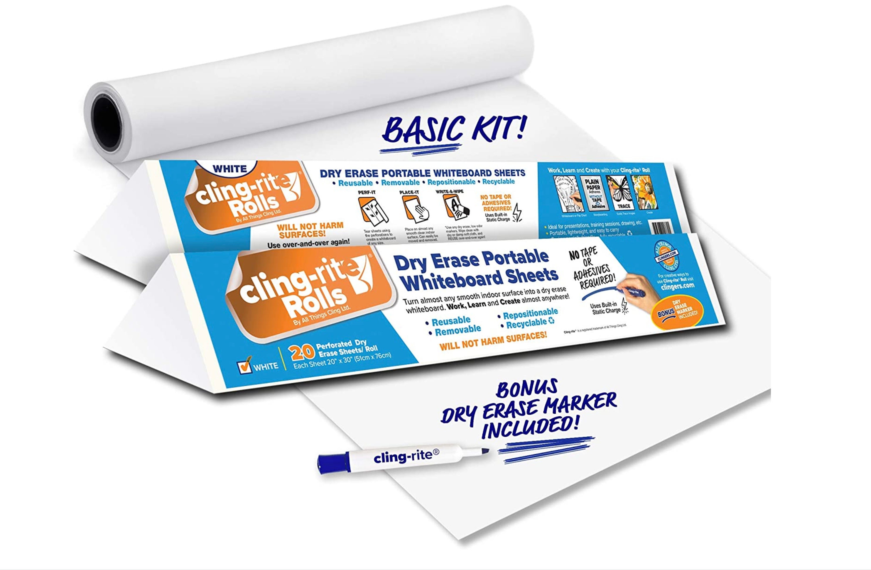 Clingers Dry Erase Cling-rite Roll Basic, Removable, Recyclable Whiteboard,  1-50' Ft Roll, Sheet Size 20x30 