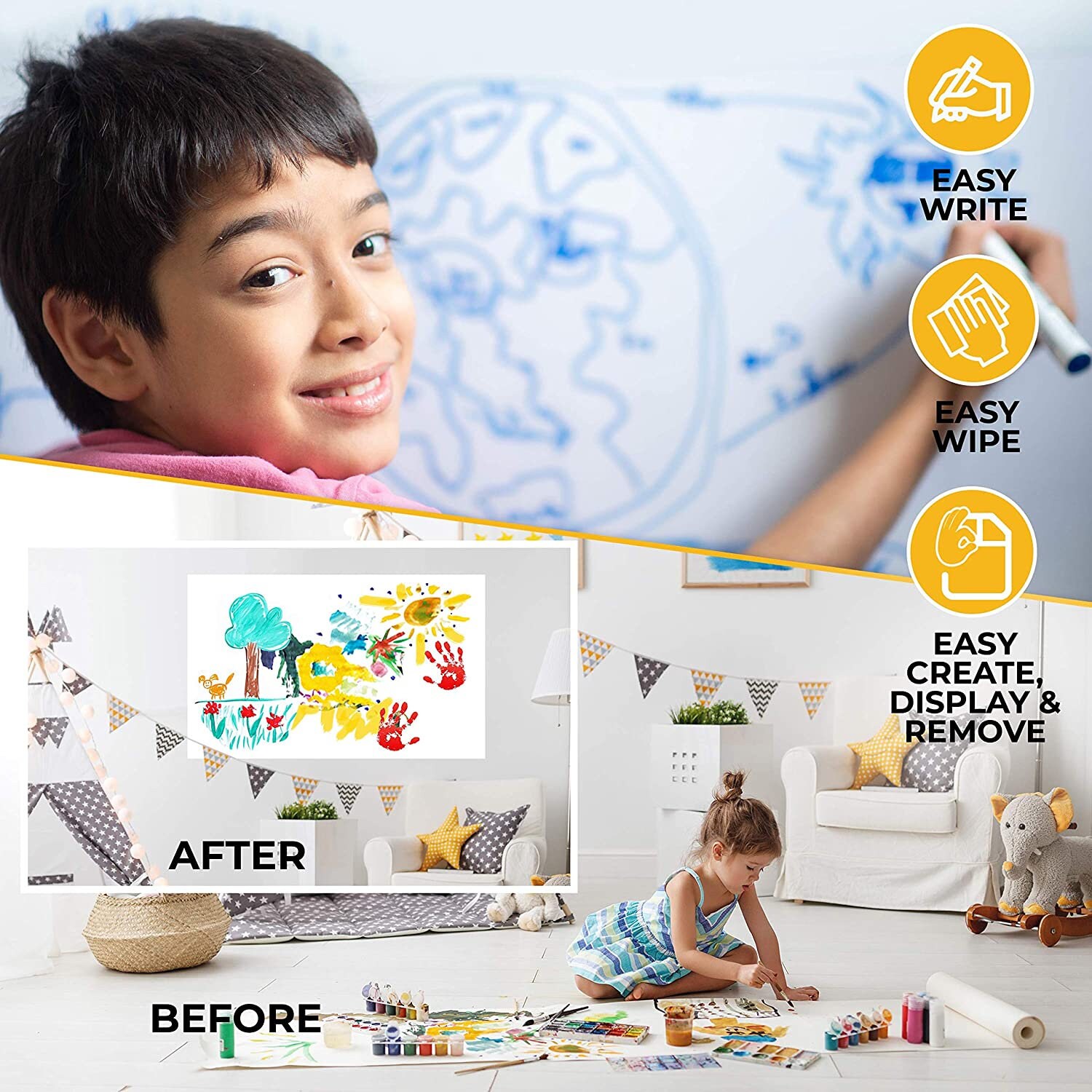 Clingers Dry Erase Kids Cling-rite Rolls, Portable Whiteboard, 50' ft roll,  Sheet Size 20x30 for Kids Drawing and Planning, School, Arts and Crafts
