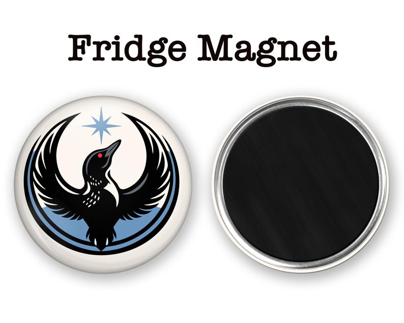 May include: A round fridge magnet with a black and white bird design, a red eye, and a blue star. The text "Fridge Magnet" is at the top. The back of the magnet is black with a silver rim.