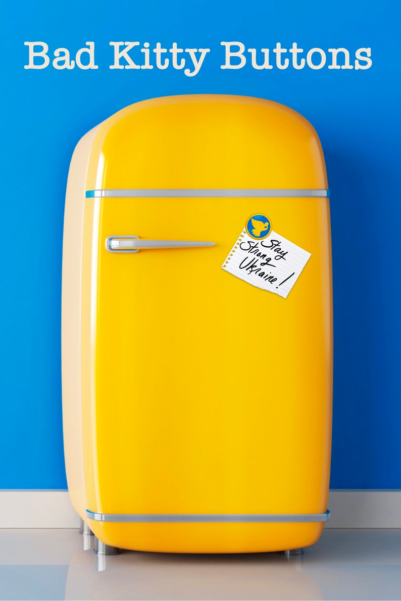 Pu&ograve; includere: Un frigorifero vintage giallo con un biglietto bianco che dice "Stay Strong Ukraine!" attaccato alla porta con un magnete a forma di uccello blu e giallo.
