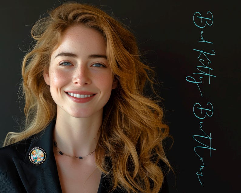 Op de afbeelding: Een vrouw met lang, golvend rossig haar glimlacht, draagt een zwarte blazer en een speld met een kleurrijk ontwerp. De tekst "Bad Kitty Buttons" staat verticaal in turquoise schrift op een zwarte achtergrond.