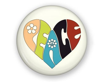 Retro Peace Heart Button or Magnet, Hippie Boho Pin