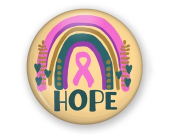 Pink Ribbon Rainbow Hope Button or Magnet, Cancer Hope Pin, Pink Ribbon Pin, Pink Ribbon Button, Pink Ribbon Magnet, Cancer Awareness Button