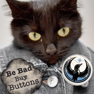 May include: A black cat wearing a denim jacket with two buttons. The cat has yellow eyes and is wearing two buttons. One button says "Be Bad Buy Buttons" and the other has a bird design.