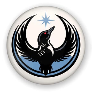 May include: A round, white button with a stylized black bird design. The bird has outstretched wings, a red eye, and is set against a light blue and white background. A blue star is above the bird's head.