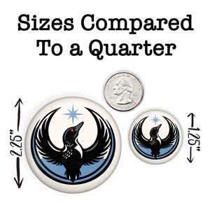 May include: Two white round buttons with a bird design, one 2.25 inches and the other 1.25 inches in diameter, next to a quarter for size comparison. The buttons feature a black bird with a red eye and a blue star.