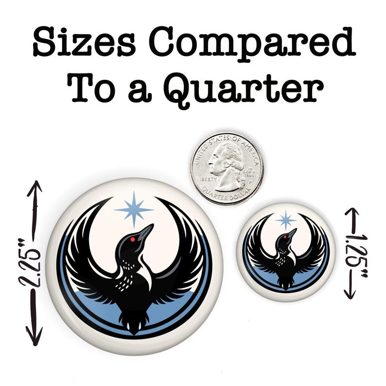 May include: Two white round buttons with a bird design, one 2.25 inches and the other 1.25 inches in diameter, next to a quarter for size comparison. The buttons feature a black bird with a red eye and a blue star.