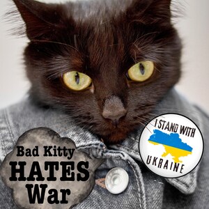 May include: A black cat wearing a denim jacket with a button and two pins. One pin says "Bad Kitty HATES War" and the other says "I Stand With Ukraine" with a yellow and blue map of Ukraine.