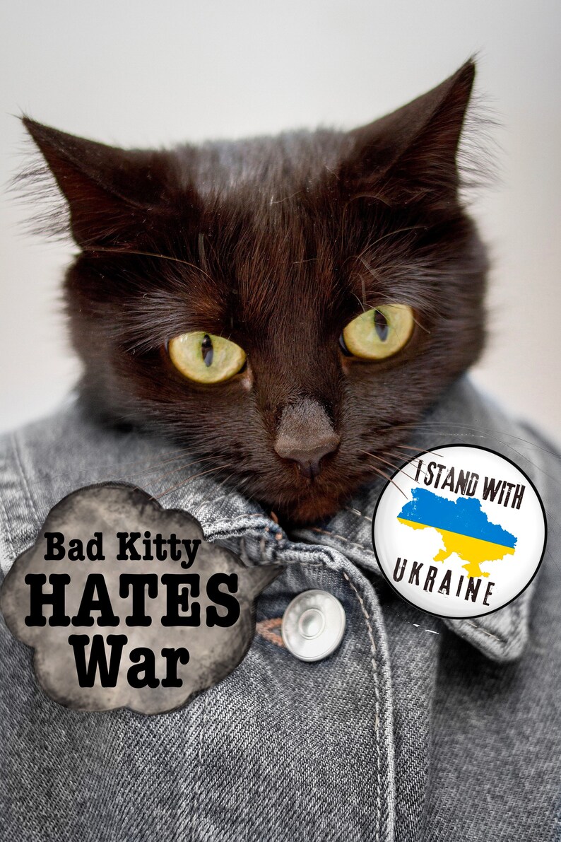 May include: A black cat wearing a denim jacket with a button and two pins. One pin says "Bad Kitty HATES War" and the other says "I Stand With Ukraine" with a yellow and blue map of Ukraine.