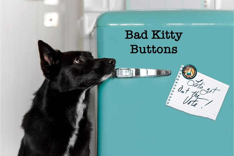 Może przedstawiać: Czarno-biały pies patrzy w g&oacute;rę na turkusową lod&oacute;wkę. Pies trzyma w pysku klamkę drzwi. Tekst na lod&oacute;wce brzmi "Bad Kitty Buttons". Notatka na drzwiach m&oacute;wi "Let's get out the Vote!"