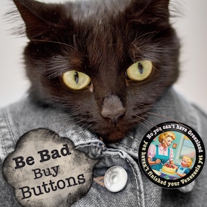 Op de afbeelding: Een zwarte kat met gele ogen draagt een spijkerjasje. De kat heeft twee knopen op de jas en twee ronde spelden. E&eacute;n speld zegt "Be Bad Buy Buttons" en de andere zegt "No you can't have Greenland yet you haven't finished your Venezuela".