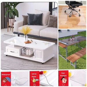 May include: Clear plastic table protector sheet with a white border. The sheet is shown on a white coffee table with a drawer and a white sofa. The sheet is also shown on a wooden table and a wooden bench. The sheet is also shown on a chair with wheels. The sheet is heat resistant, waterproof, and soft and elastic.