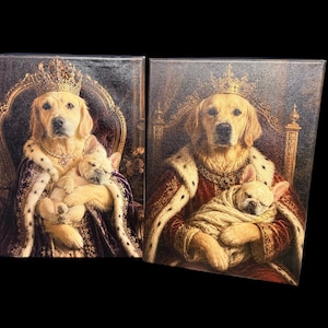May include: Two canvas prints featuring regal portraits of dogs. A golden retriever wears a crown and royal attire, holding a sleeping French bulldog. The second print mirrors the first, creating a matching set with a vintage aesthetic.