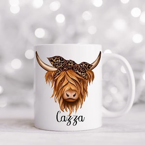 Personalised highland cow mug, highland cow, leopard print, cow mug, leopard cow