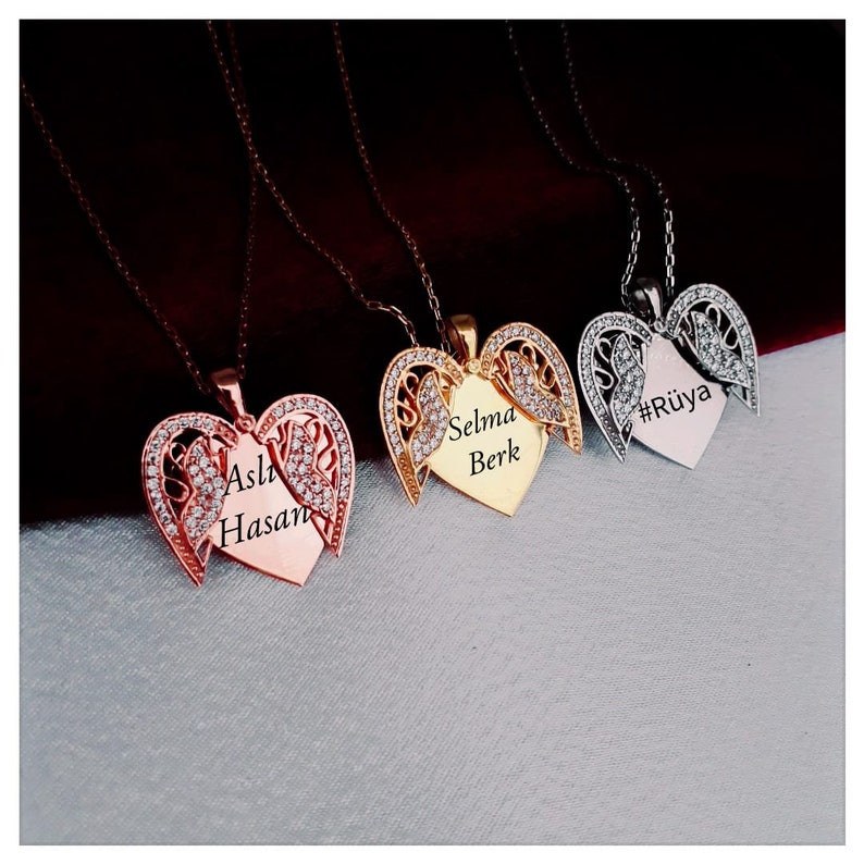 Personalized Secret Message Charm \u2022 Custom Name Choker Custom Angel Wing Necklace 925K Silver Openable Personalized Angel Wing pendant