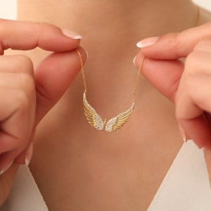 Angel wings Necklace ,Yellow Gold Angel wings Necklace, Angel wings W/zircons image 1