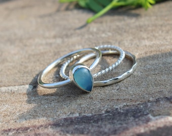 Blue Aqua Chalcedony, Stacking Ring Set, Chalcedony Gemstone Ring, Gemstone Stacking Ring, Chalcedony Jewelry, Gift for her, 3 Ring Set
