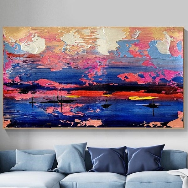 LARGE VIBRANT SEASCAPE Wall Art - Modern Abstract Art, Impasto Oil Painting on Canvas, Colorful Landscape Wall Art for Living Room