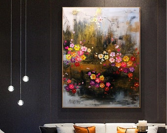 TEXTURED COLORFUL FLORAL Wall Art - Traits épais Peinture à l’huile sur toile avec des couleurs dorées pour le salon