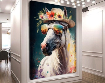 White Floral Horse wearing hat and sunglass, Pop Art Stretched / Rolled Print on Canvas, Animals pictures Printed Canvas Large Sizes