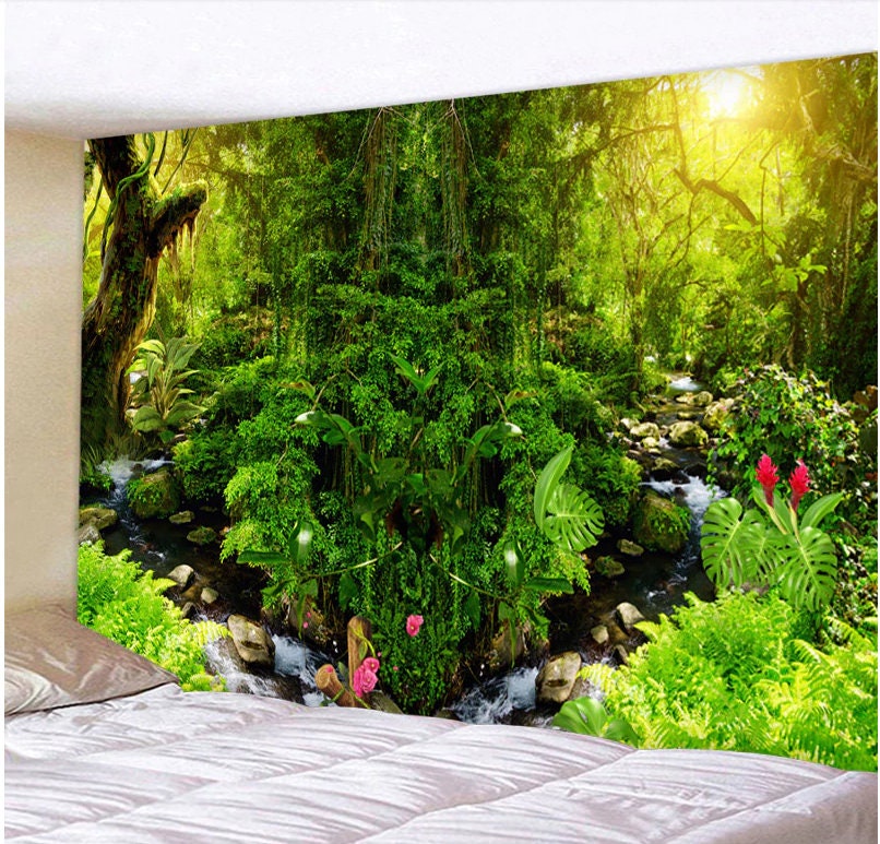 Grande Tapisserie 3D de Mur - Beau Paysage Forêt Imprimé Boho Suspendu Mur, Décor d'art Tapis Couver