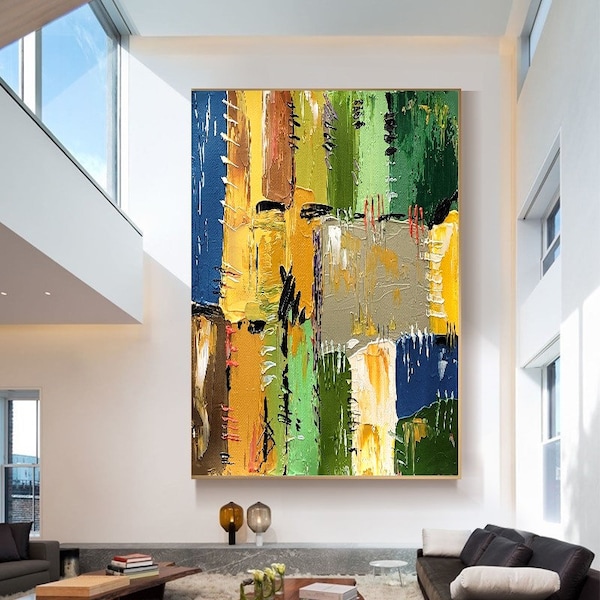 LARGE VIBRANT PATCHWORK Style Wall Art - Modern Textured Impasto Oil Painting on Canvas Thick strokes, Abstract Wall Art for Living Room