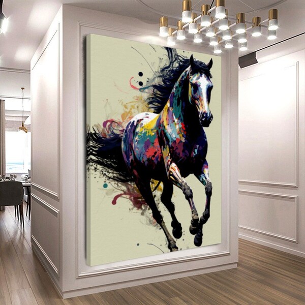 STRETCHED PRINT on СANVAS Abstract Colorful Horse, Graffiti Art Printed Canvas for Living room