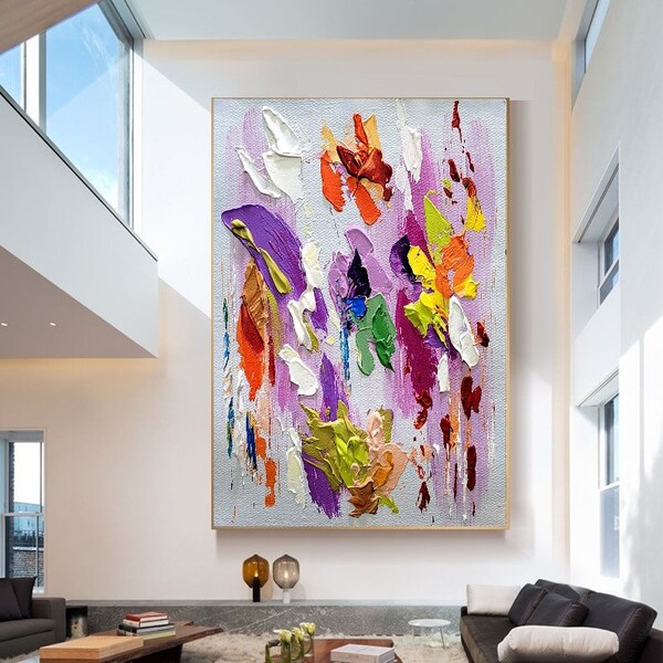 LARGE VIBRANT COLORS Wall Art - Modern Textured Impasto Oil Painting on Canvas Thick strokes, Colorful Abstract Wall Art for Living Room