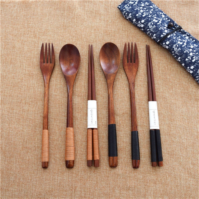 Set/3 Pcs Bois Japonais Vintage Portable Vaisselle en Bois Ensembles de Couverts Voyage Voyage Envir