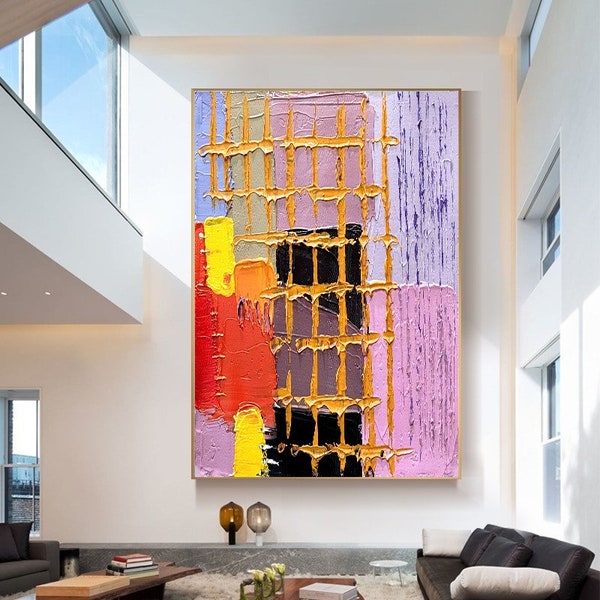 LARGE VIBRANT PATCHWORK Style Wall Art - Modern Textured Impasto Oil Painting on Canvas Thick strokes, Abstract Wall Art for Living Room