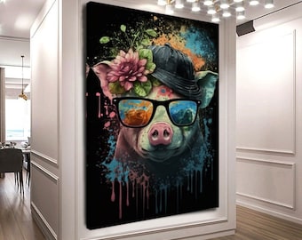 Floral Colorful Pig with hat and sunglass, Stretched / Rolled Print on Canvas, Animals pictures Printed Canvas Large Sizes