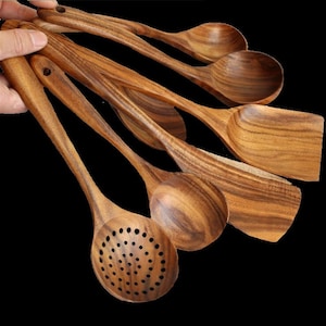 1~7PCS Thailand Teak Natural Wood Tableware Spoon Ladle Turner Long Rice  Colander Soup Skimmer