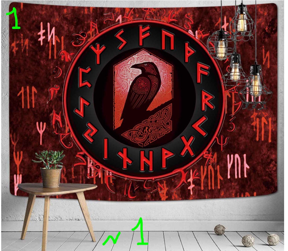 Tapisserie Viking Raven 3D - Mysterious Meditation Runes Psychédéliques, Art Wall Hanging, Tapestrie