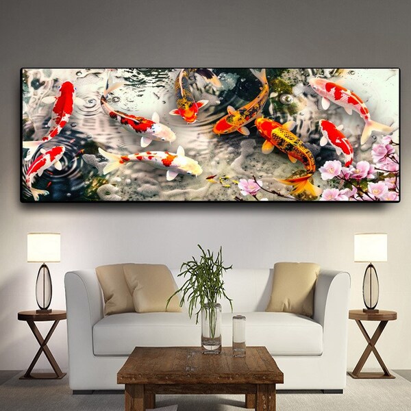 VIBRANT LARGE PRINT Kunst, chinesischer Koi Fisch, Sakura Kunst Roter Fisch, Abstrakte Leinwand gedruckt, Feng Shui moderne Wandkunst Gestreckte gedruckte Leinwand