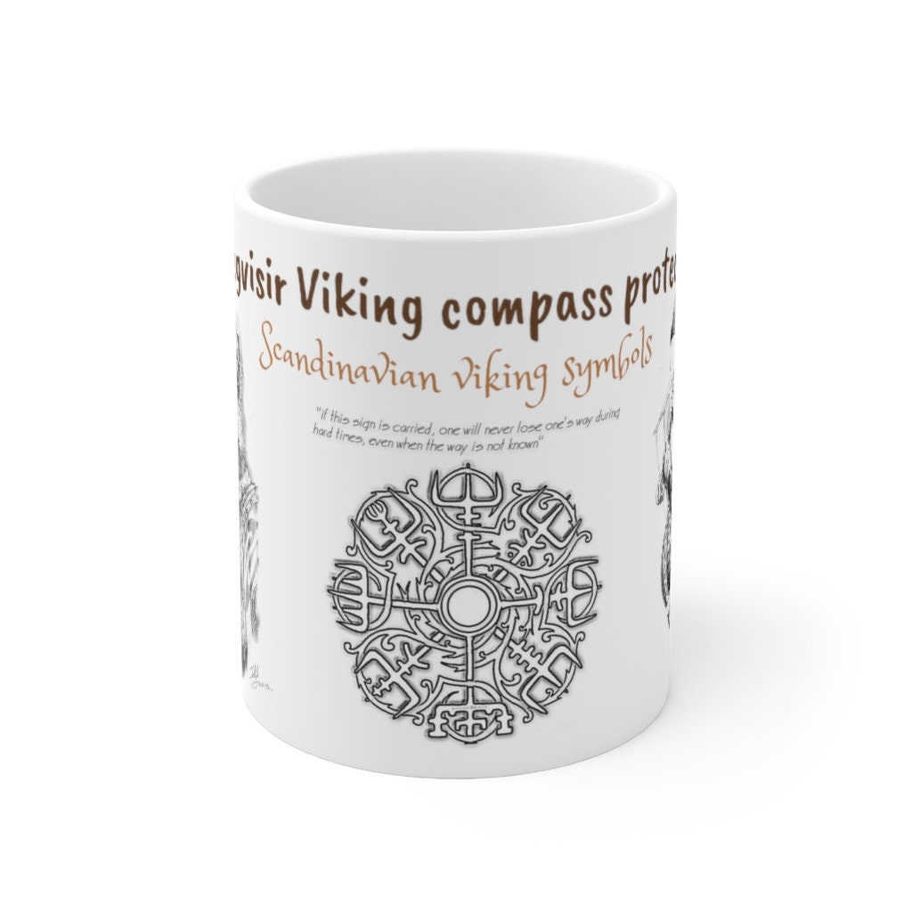 Tasse à Café en Céramique avec Glyphe Scandinave de Dread Helmet - Vikings Ragnar Boussole Protectio