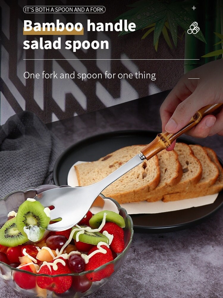 Or/Argent Métal Salade Cuillère Set en Acier Inoxydable Nouilles Bambou Poignée Pratique Pâtes Outil