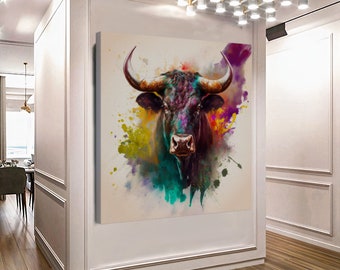 Colorful Bull Printed Canvas Large Size, Watecolor Animal pictures Creative Art Work Print and Posters For Living Room