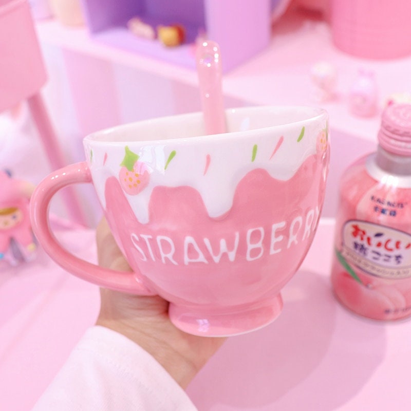 Kawaii Style Creative Ceramic Strawberry Belt Mug With Spoon - Milk Coffee Tea Oatmeal Yogurt Desser