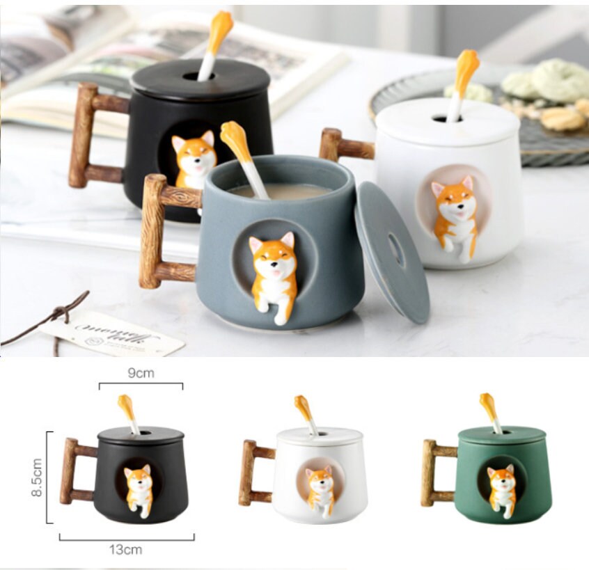 Mug en Céramique Originale Cartoon Animal Shiba Inu Akita Hachiko Chiot Chien avec Couvercle Cuillèr